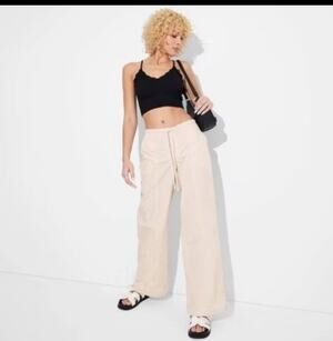 Wild Fable Mid-Rise Wide Leg Parachute Pants - Light Beige Women's S